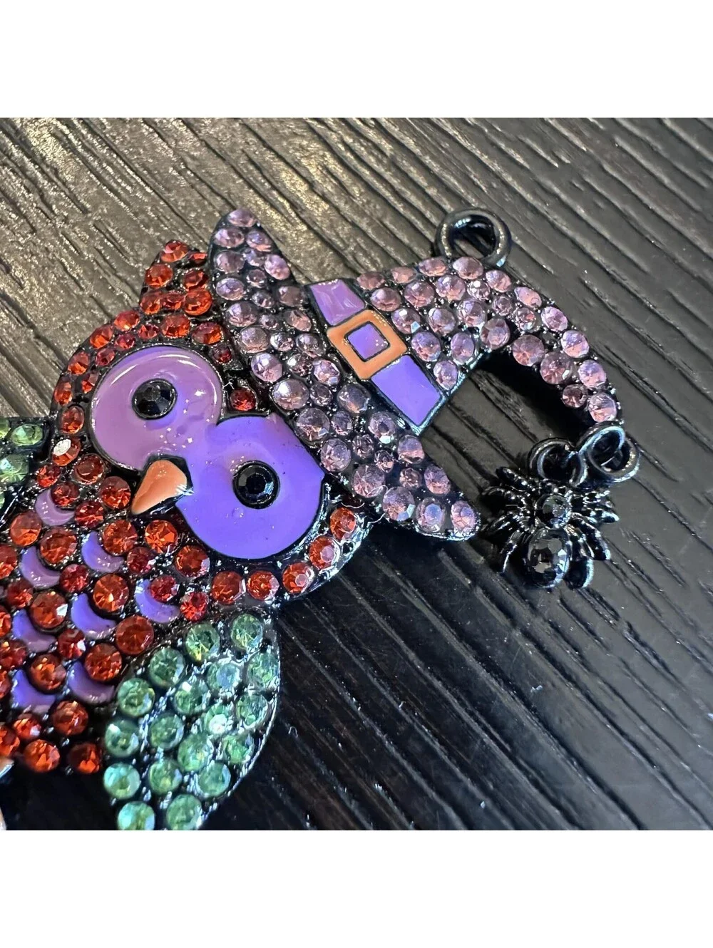 Halloween Rhinestone Owl Black Tone Witch Hat Spider Dangle Pendant Purple New